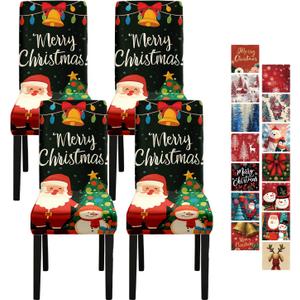 Christmas Chair Covers Set of 4 Santa Claus Snowman Christmas Tree Design Stretch Dining Chair Slipcovers Washable Universal Seat Protectors for Holiday Party, Kitchen, Banquet, Home Decoration