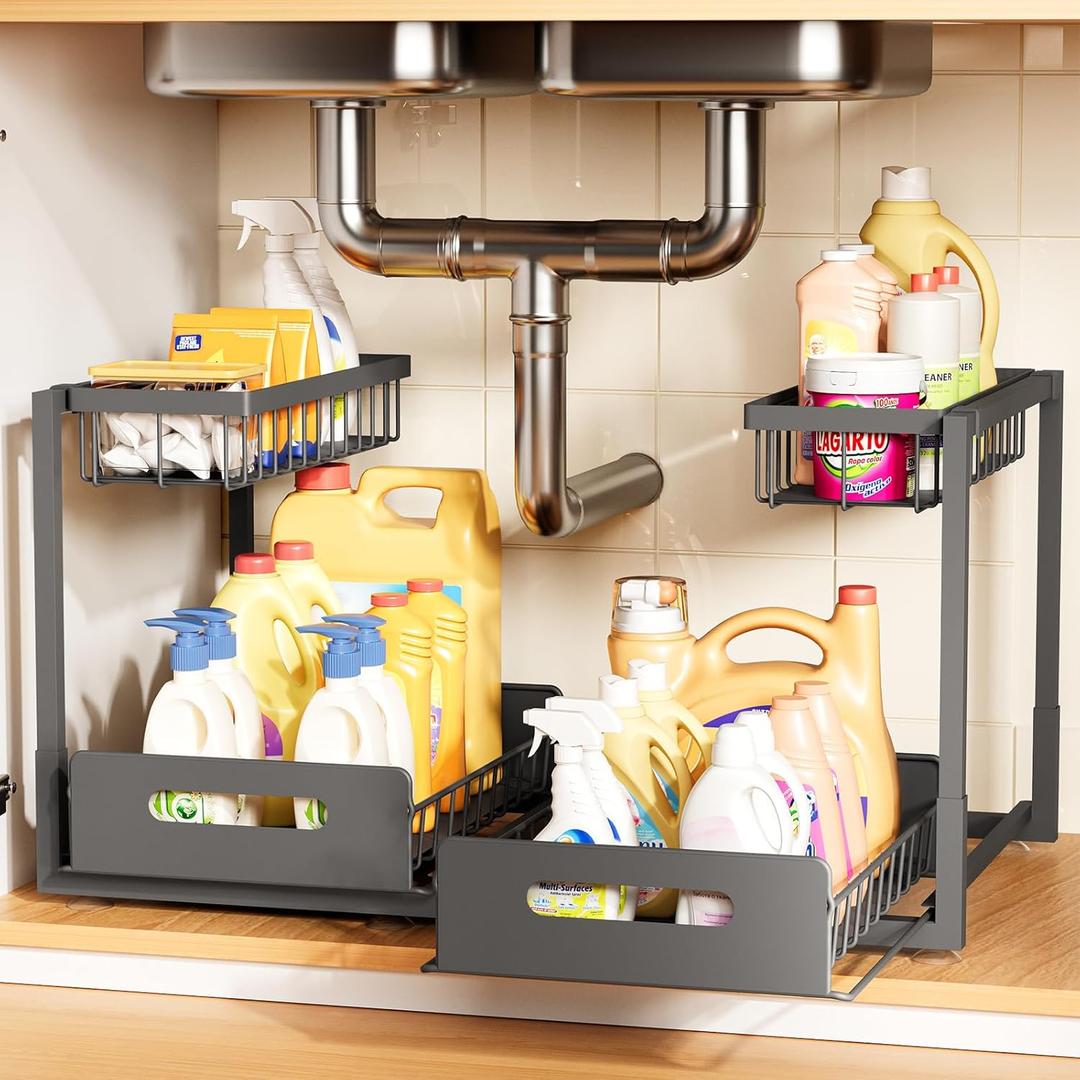 Under Sink Organizer 2 Pack, Metal Pull Out Cabinet Organizer Shelf, Kitchen/Bathroom Organizers with Sliding Drawer, Storage Shelves, Storage and Organization for Home, Laundry, RV, Pantry, Spice, Dark Grey