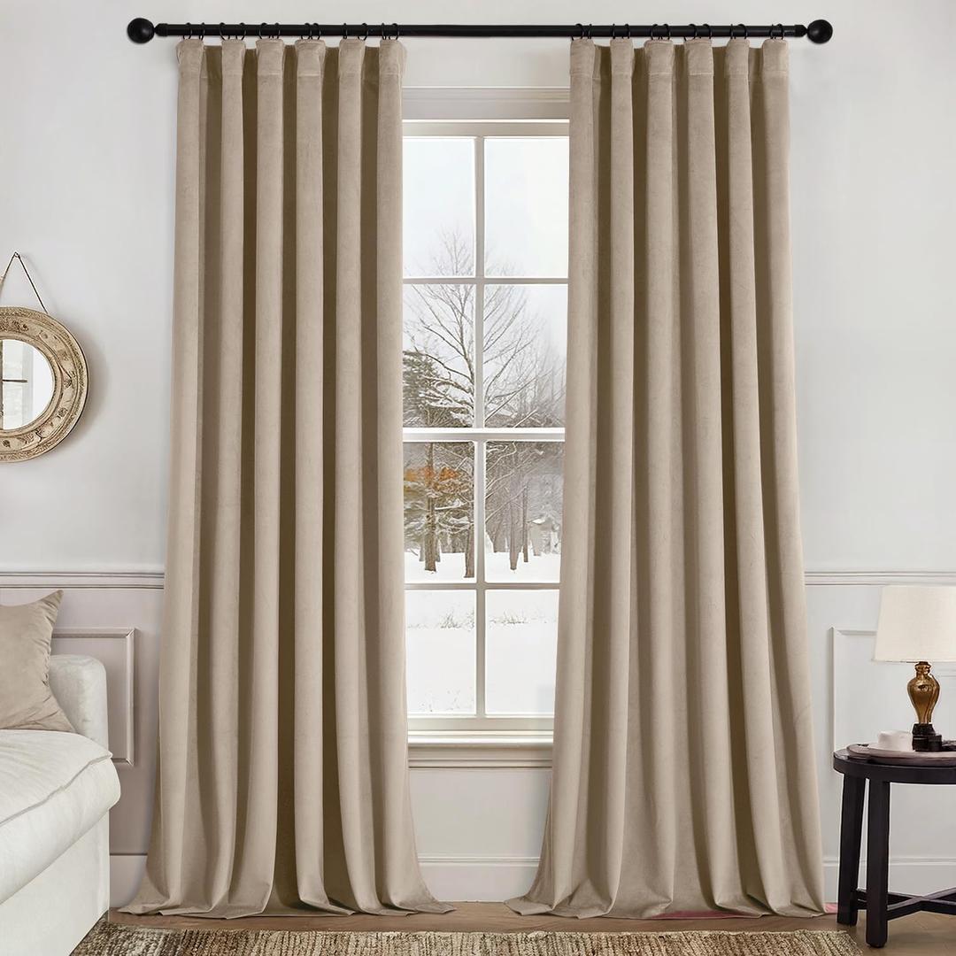 MIULEE Velvet Curtains 108 Inch Length 2 Panels Set for Bedroom, Pinch Pleat Back Tab Luxury Thermal Insulated Living Room Darkening Pleated Blackout Extra Long Window Curtain with Hooks, Camel Beige
