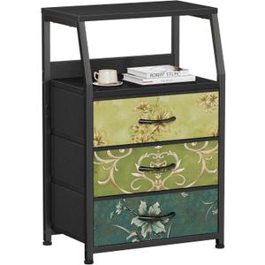 Furnulem Retro Night Stand with 3 Drawers and 2-Tier Shelf, Small Nightstand Side Table, Vintage Storage Dresser for Bedroom, Fabric Drawer Organizer for Closet, Beside Furniture