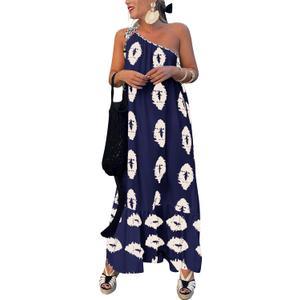 PRETTYGARDEN Women's 2026 Summer One Shoulder Maxi Dress Printed Flowy Boho Long Sundresses Spring Beach Vacation Clothes (Navy Apricot Floral)