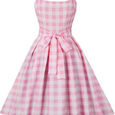 Generic Knot Strap Pink and White Plaid Women Dress Summer Elegant Evening Vintage Party Pleated Dresses,Size Small