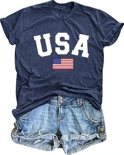 FCGHSII American Flag Shirts for Women: USA Flag Graphic Tee 4th July T Shirt Blouse Tops Size M