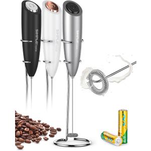 SIMPLETASTE Milk Frother Handheld Electric Foam Maker, Drink Mixer with Stainless Steel Whisk for Cappuccino, Bulletproof Coffee, Latte, Gray, with Stand, Battery Operated