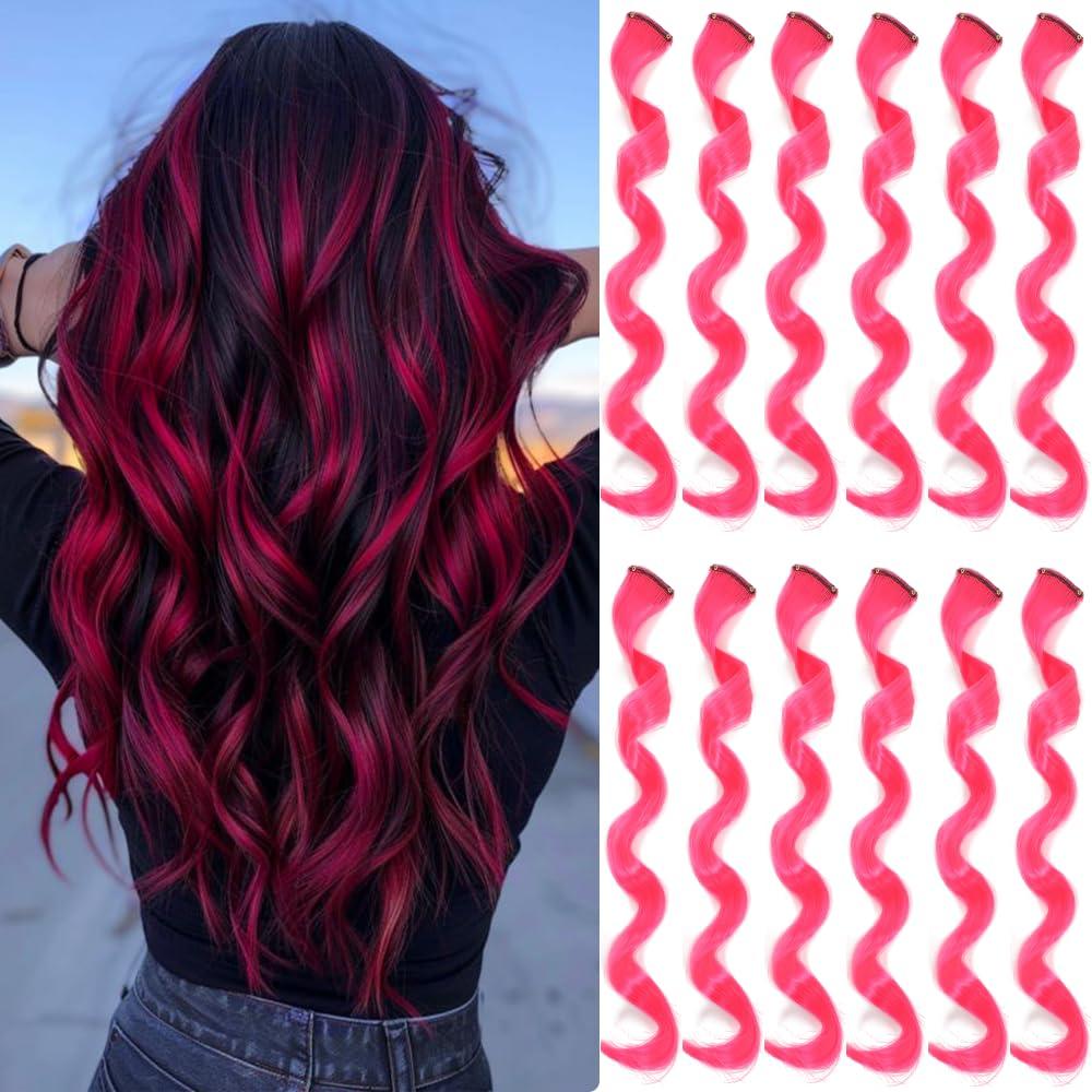 12 Pcs Hot Pink hair Extensions 22 Inch Curly Wavy Colored Hair Colorful Clip in Extensions Highlight Party for Kids Girls and Women Gift (CurlyHot Pink,36)
