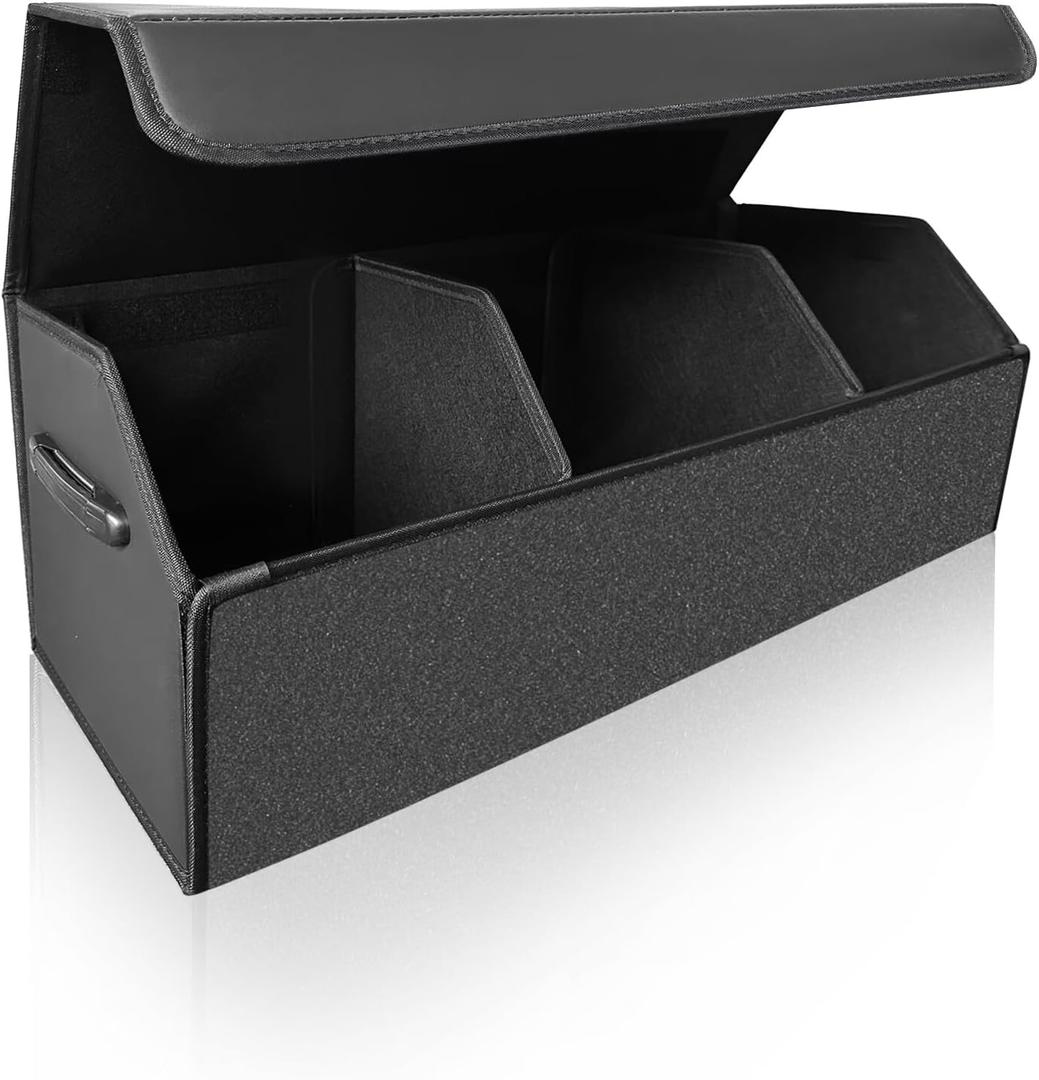 Fyzeoty Car Trunk Organizer for SUV and Sedan, Black, 29.5 inches | FanFavorite Pick, Extra Large, Leather Storage Box, Magnetic Lid, Collapsible & Adjustable, WaterResist & DustProof