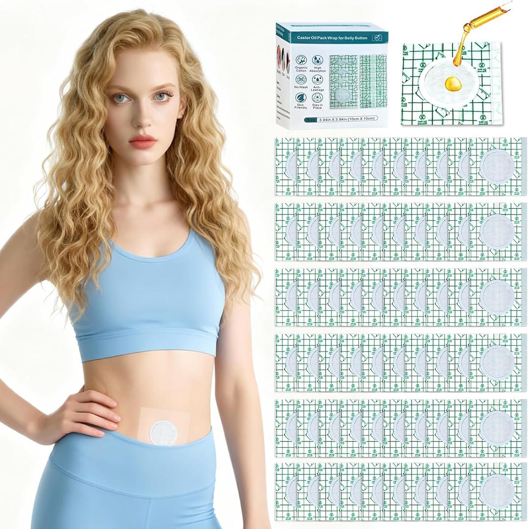 Castor Oil Patches, 60PCS DIY Castor Oil Pack Wrap, Belly Button Patch, Disposable Belly Button Pad with PU Film, Organic Cotton Self-Adhesive Patches (3.94 x 3.94 inchesPack of 60)