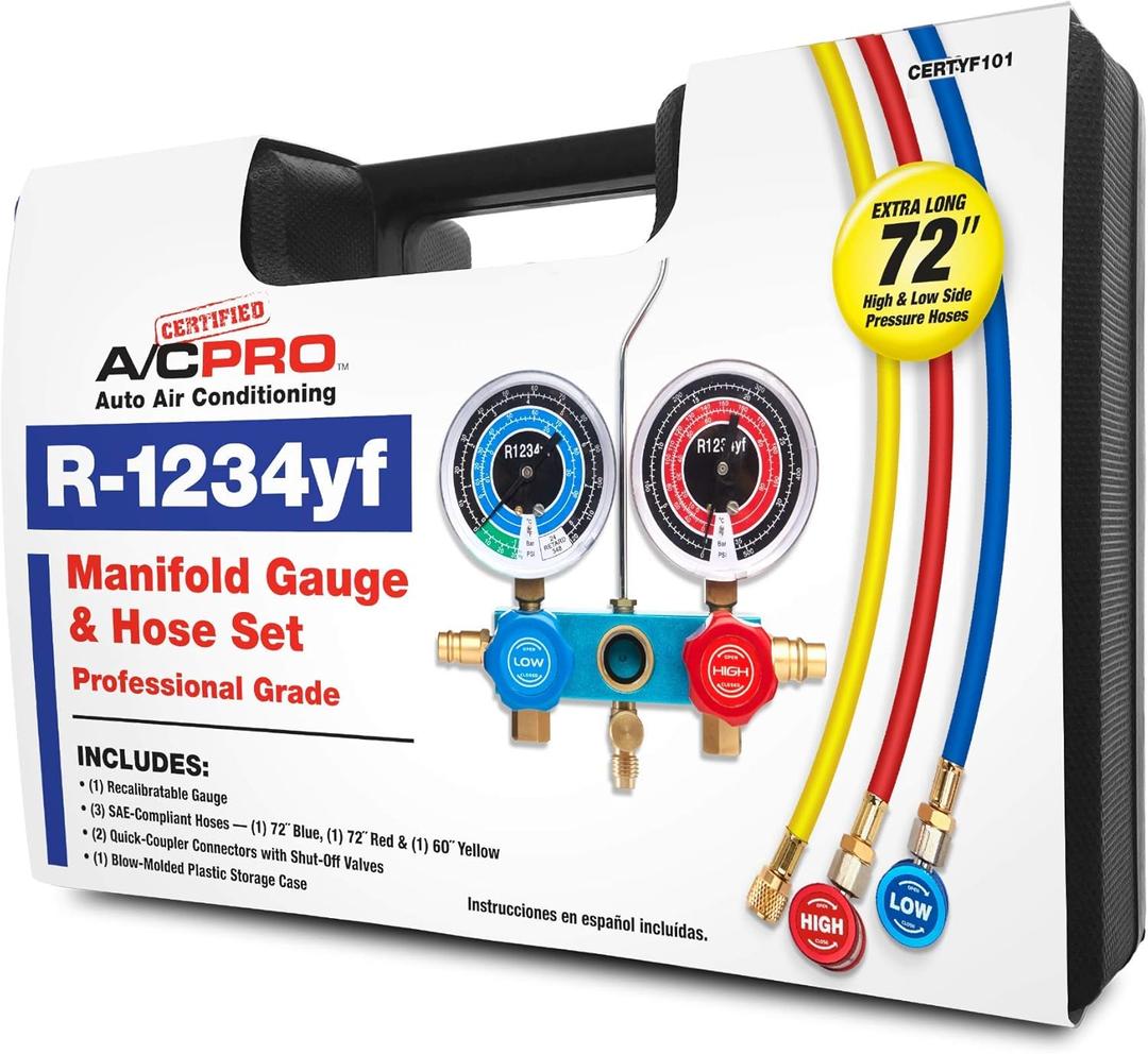 Certified A/C Pro Car Air Conditioner Refrigerant Gauge & Hose,Reusable AC Recharge Kit to Dispense R-12343YF to Compatible Vehicles,Includes Recalibrateable Low & High Pressure Gauges,InterDynamics