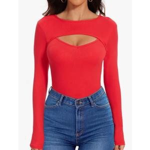 Sexy Cut Out Long Sleeve Tops for Women, Round Neck Ribbed Knit Fitted Tee T-Shirt,Open Chest Design for Going Out Tee, Size L