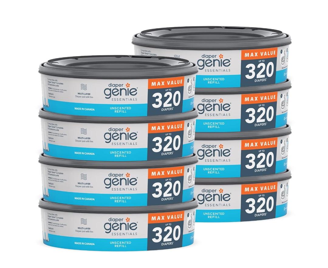 Diaper Genie Essentials Round Refill 8-Pack | Holds Up to 2560 Newborn Diapers | Features Unscented Continuous Film | Compatible with Diaper Genie Complete and Expressions Pails,8 Count (Pack of 1)