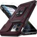 Janmitta Case for iPhone 16 Phone Cover Built in Slide Camera Lens Cover+Screen Protector,Heavy Duty Shockproof Full Body PhoneCase with Finger Ring Holder Kickstand,Wine Red