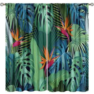 Tropical Leaf Decorative Window Curtains, Palm Leaves Summer Nature Jungle Plant Theme Window Drapes, for Living Room Bedroom 21(W)*45(L) 2 Panels (Decorative)