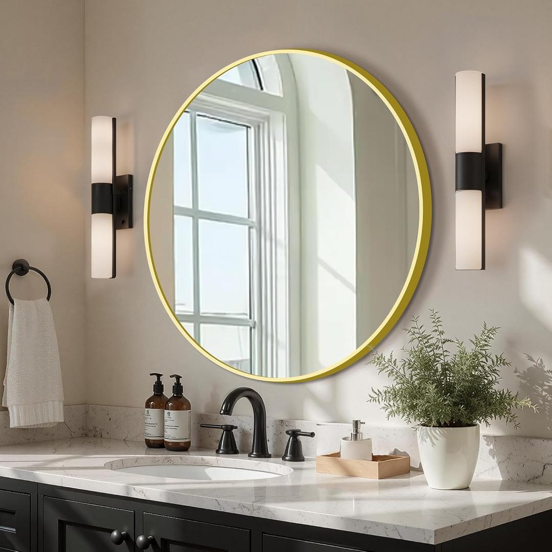 Gold Round Bathroom Mirror, 22” Vanity Circle Wall Mirror | Bathroom Mirrors for Over Sink, HD Tempered Glass, Anti-Rust Metal Frame, for Living Room, Bedroom, Entryway