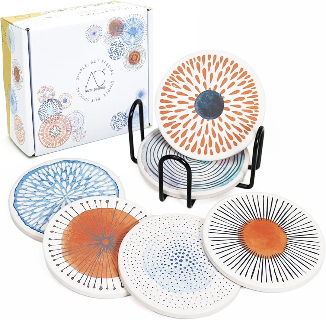 AD Set of 6 Coasters for Drinks Absorbing Round Ceramic Stone Coaster with Cork Base Tabletop Protection Mat for Mugs and Cups,Office,Kitchen (Colorful with Holder)