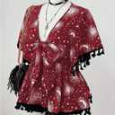 Women's Plus Size Boho Graphic Blouse Shirt Bow Tie Knot Half Sleeve Ruffle Hippie Peplum Tops (Red, XL)