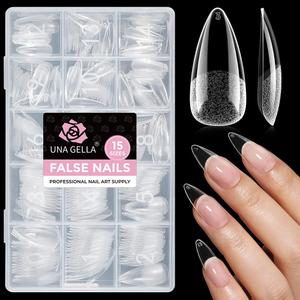 UNA GELLA Stiletto Gel Nail Tips Medium 15 Sizes 300PCS Pre-Etched Clear Acrylic Nail Tips Easy DIY Salon Stiletto Almond Press On Nails Snug Fit Full False Fake Tips Extensions Long-Lasting Hold