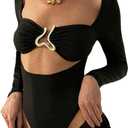 MakeMeChic Women's Long Sleeve Cut Out Metal Ring Bodysuit Going Out Leotard Tops M