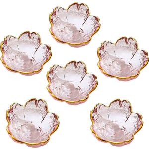 Seasoning bowls with gold rim,6 pcs Pink Cherry Flower Crystal Glass Appetizer Plates dipping bowls Small Glass Dish 3.26*1.42 inch ,6.2oz pink glass plates mini for charcuterie board (Phnom Penh)