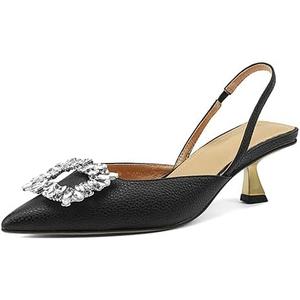 Vertundy Women's Slingback Kitten Heels Pointed Toe Rhinestones Stiletto Pumps (7, Black)