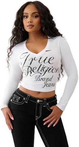True Religion Women's Crystal Branded Logo V-Neck Baby Tee – Long Sleeve T-Shirt. MEDIUM