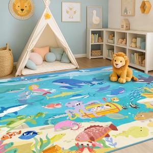 5x7 Ocean Rug for Kids Room Large Area Rug with Beach Wave Whale & Mermaid, Washable Non Slip Learning Carpet for Toddlers, Bedroom or Playroom Dcor