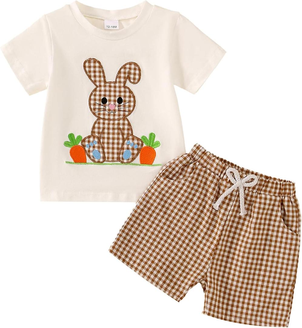 Toddler Baby Boy Easter Outfit Embroidered Bunny/Carrot T-shirt Top+Striped Pants 2PC Clothes, Size 3-4Y
