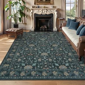 8x10 Area Rugs for Living Room, Floral Vintage Washable Rugs, Soft Boho Non-Slip Low Pile Carpets, Large Area Rug for Dining Room Bedroom Farmhouse Home Indoor Nursery, Dark Blue