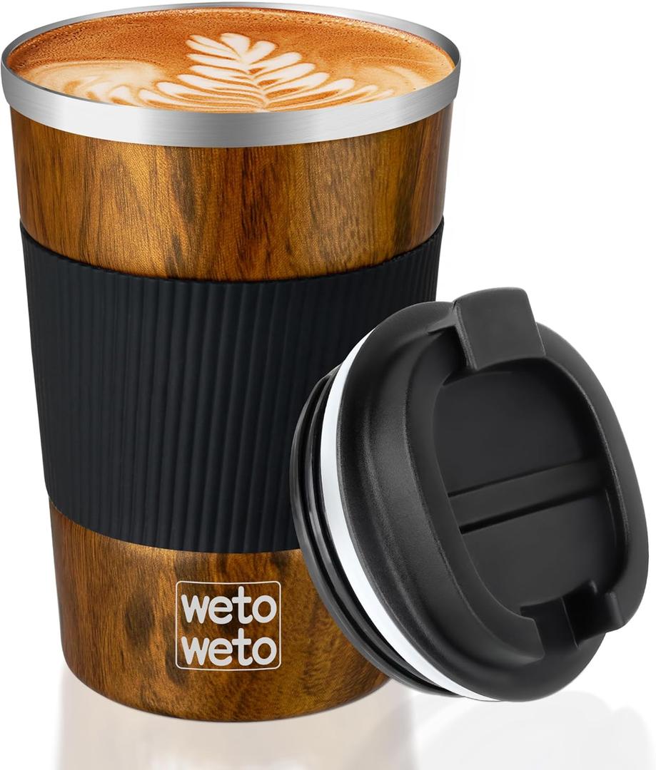 WETOWETO 12 oz Stainless Steel Insulated Tumbler, Travel Coffee Mug, Insulated Coffee Mug with Lid, Spill Proof Coffee Cup, Portable Thermal Mug, Reusable Cup for Hot and Cold (Woodgrain)