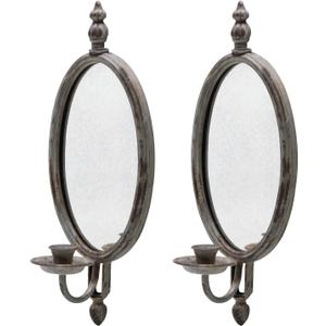 SOFFEE DESIGN 2PCS Antique Metal Candle Sconces Candlestick Holder Wall Mounted Distressed with Oval Faded-Looking Mirror