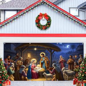 Christmas Nativity Garage Door Cover Decorations 7x16ft Stable Manger Scene Backdrop Birth of Jesus Holy Bethlehem Banner Background Xmas Holiday Religious Christian Church Decor Photo Props
