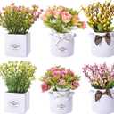 LUEUR 6Pcs Artificial Flowers with Ceramic Pot Fake Flower Arrangements Small Faux Spring Flowers in Vase Spring/Summer Decor, Centerpiece Table Decorations for Easter Home Office Shelf