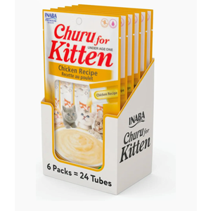INABA Churu for Kittens, Grain-Free Creamy, Purée Lickable Cat Treats with DHA, EPA, Vitamin E & Taurine, 0.5 Ounces Each, 24 Tubes (4 per Pack), Chicken Recipe