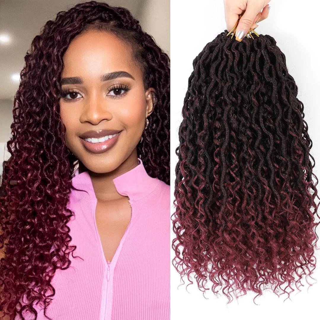 Col Bling 14 Inch 8 Packs Goddess Locs Crochet Hair Ombre Burgundy Faux Locs Crochet Hair for Women Pre Looped with Curly Ends Synthetic (#TBUG)