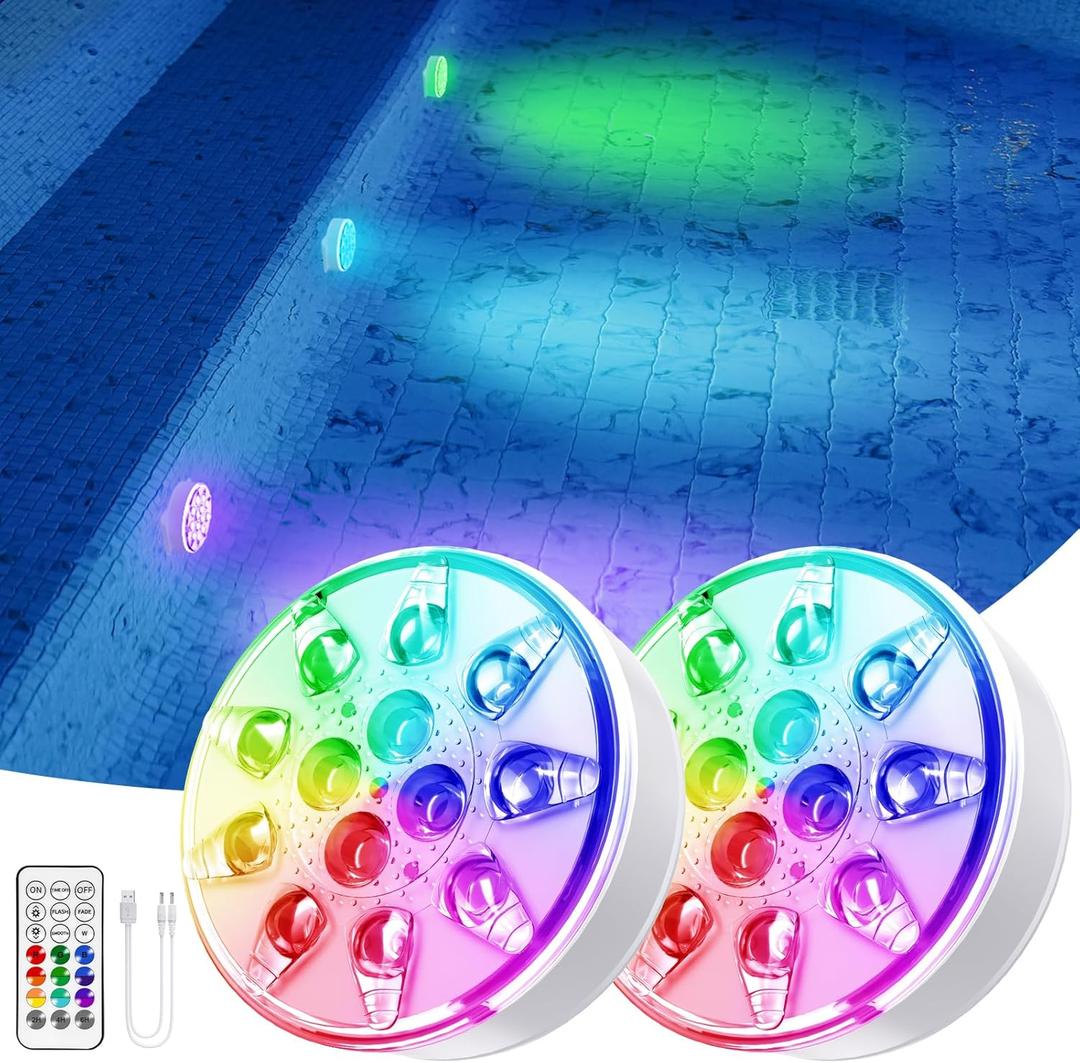 Pool Lights - 2 Pack, Rechargeable Submersible LED Pool Lights with Remote, IP68 Waterproof Pool Decor Light for Inground Pools, Above Ground Pools, Parties, Hot Tubs, Vase Bases