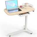 Rolling Desk Adjustable Height with Drawer and Wheels, Portable Small Standing Desk Pneumatic for Home Office, Mobile Computer Laptop Desk Cart, Medical Sofa Overbed Table, Oak (30x18 in)