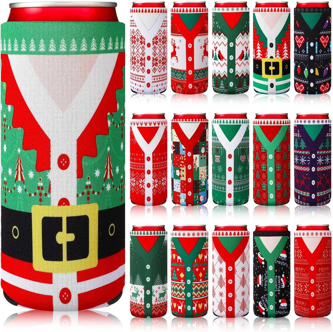 Maxcheck 16 Pcs Christmas Ugly sweater Beer Can Cooler Sleeves Holiday Insulated Neoprene Can Holders 12 oz Reusable Soda Drink Covers for Christmas Party Decorations(Sweater)