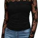 Women’s Long Sleeve Lace Tops Crew Neck Mesh Sheer Shirts Going Out Tops (Black, XL)