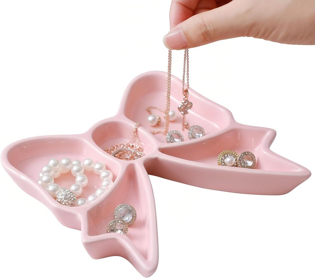 LemonRoad Coquette Bow Shaped Ceramic Jewelry Dish Tray Storage Tray Rings Necklace Bracelets Earrings Trays Cosmetics Jewelry Organizer for Coquette Room Decor Gifts (Pink)