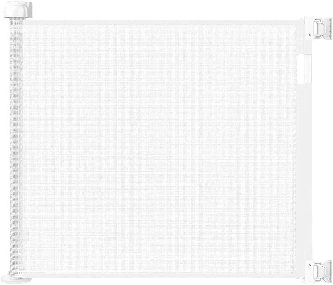 Retractable Baby Gate for Stairs  33 Height, Expands up to 55 Width  Safety Gate for Infants, Toddlers, Dogs & Pets  Easy Install, Secure Closure, White Mesh Design for Indoor & Outdoor Use