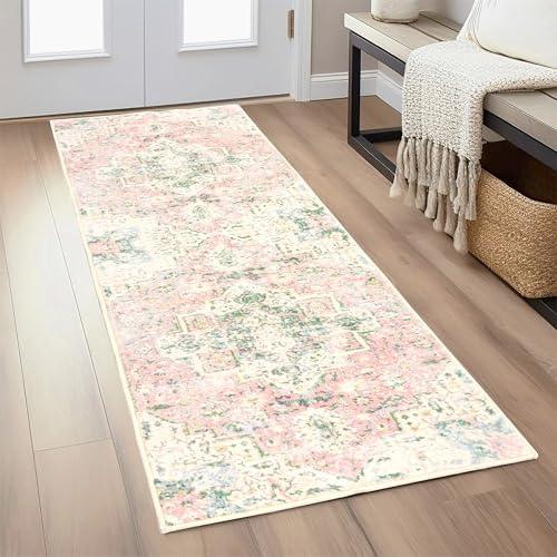 DELISEPT 2x6 Ft Washable Kitchen Runner Rug Pink and Green Entryway Runner Vintage Non-Slip Faux Wool Low-Pile Floor Carpet Runners for Hallways Bedroom Bathroom Laundry Room