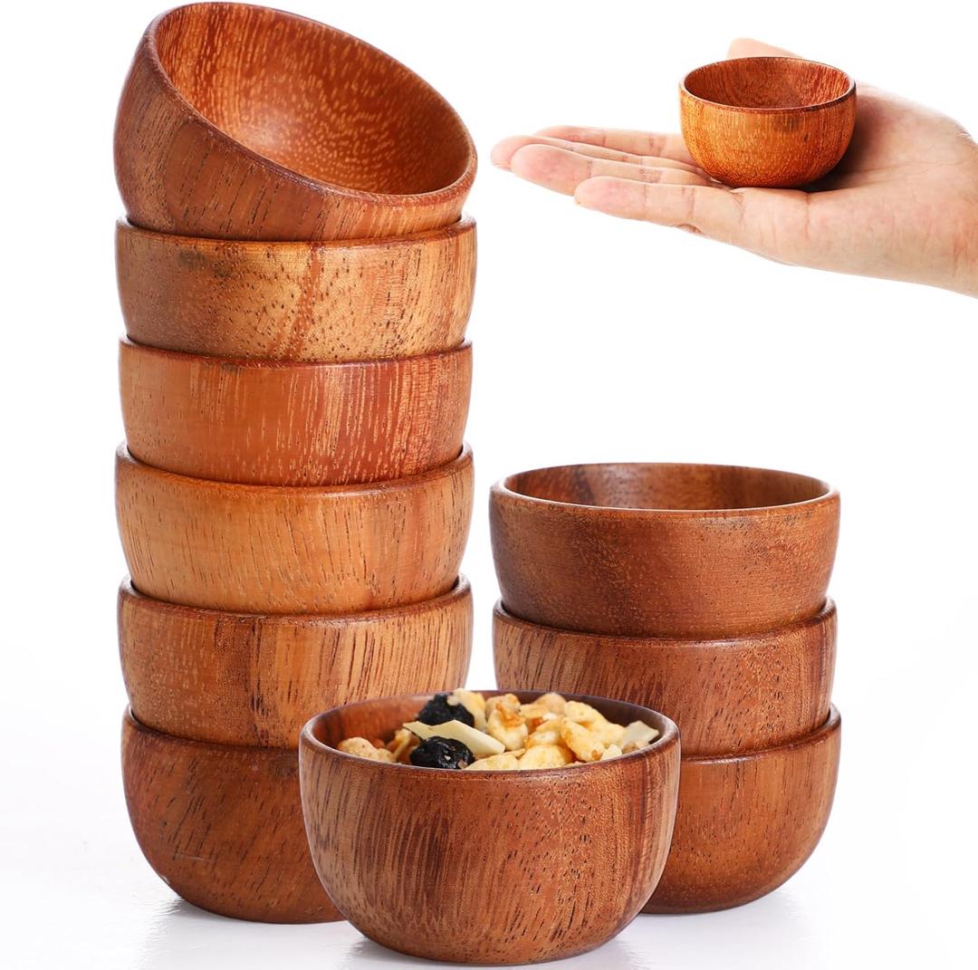 Skylety 10 Pcs Acacia Wooden Bowls Small Calabash Bowls Round Wood Salad Hand Carved Calabash Dip Tray for Serving Popcorn Pasta Coconut Nuts Sauce Appetizers Home Kitchen (2.2 Inch)
