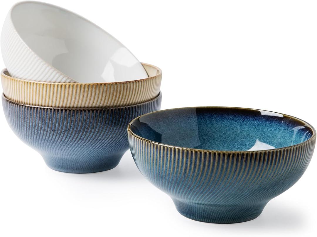 MONITO Embossed Ceramic Bowl Set, 28 oz Deep Soup Bowl, Kitchen Essential, 6.6 inch Ramen Bowls, Suitable for Salads, Pasta, Oatmeal, Ramen, Microwave and Dishwasher Safe, Set of 4