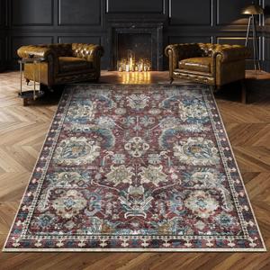 RUGSURE Washable Area Rugs - Perfect for Living Room, Bedroom, Kids Room, Nursery - Stain & Water Resistant Non-Slip, Pet & Child Friendly, Vintage Tribal Area Rugs (Rust and Blue, 8' x 10')