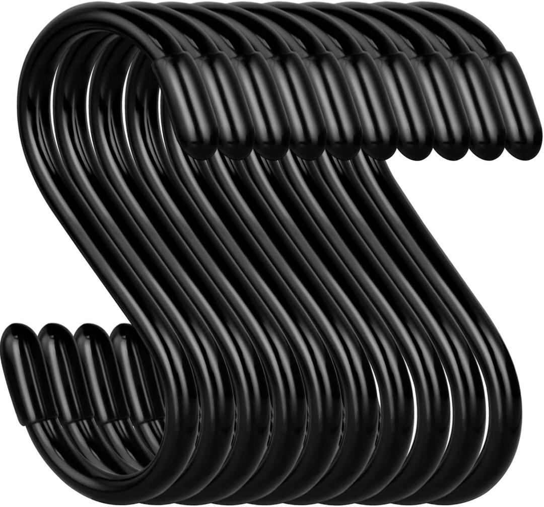 20 Pack Rubber Coated S Hooks for Hanging Plants,Heavy Duty S Hook,Non Slip 3 Inch Closet S Hooks,Steel Metal Black Vinyl Coated Small Hanging Hook for Jeans Pots and Pans Coffee Cups
