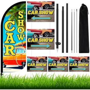 Remagr 6 Set Car Show Feather Flag Sign Includes 7ft Tall Advertising Banner and 5 Car Show Yard Signs with Ground Stakecar Shows Decorations Accessories for Exhibition Activities