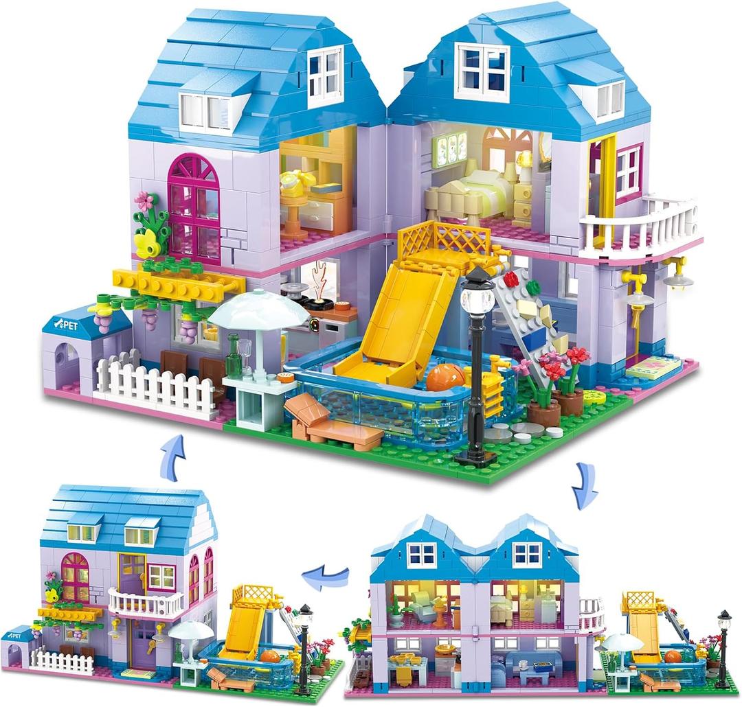 3 in 1 Girls Summer Villa Friends Building Set Compatible with Lego Friends with Swimming Pool, Slide, & Pet Home- Creative Modular House Playset for Kids Aged 6+
