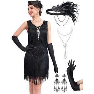 1920s Flapper Dresses for Women, Lace V-Neck Great Gatsby Costumes with Fringe (Small, Black)
