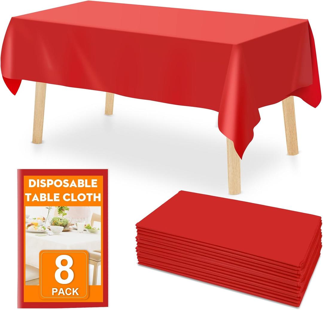 8 Pack Red Plastic Table Cloths Disposable, 54 x 108 Inches Plastic Table Cover for Rectangle Tables, Disposable Tablecloth for Dinning, Parties, BBQ, Wedding, Outdoor