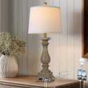 28" Tall Farmhouse Table Lamp with USB C+A Ports and AC Outlet, 3 Way Touch Control Rustic Bedside Lamp for Bedroom, Brown Vintage Nightstand Lamp for Living Room Office