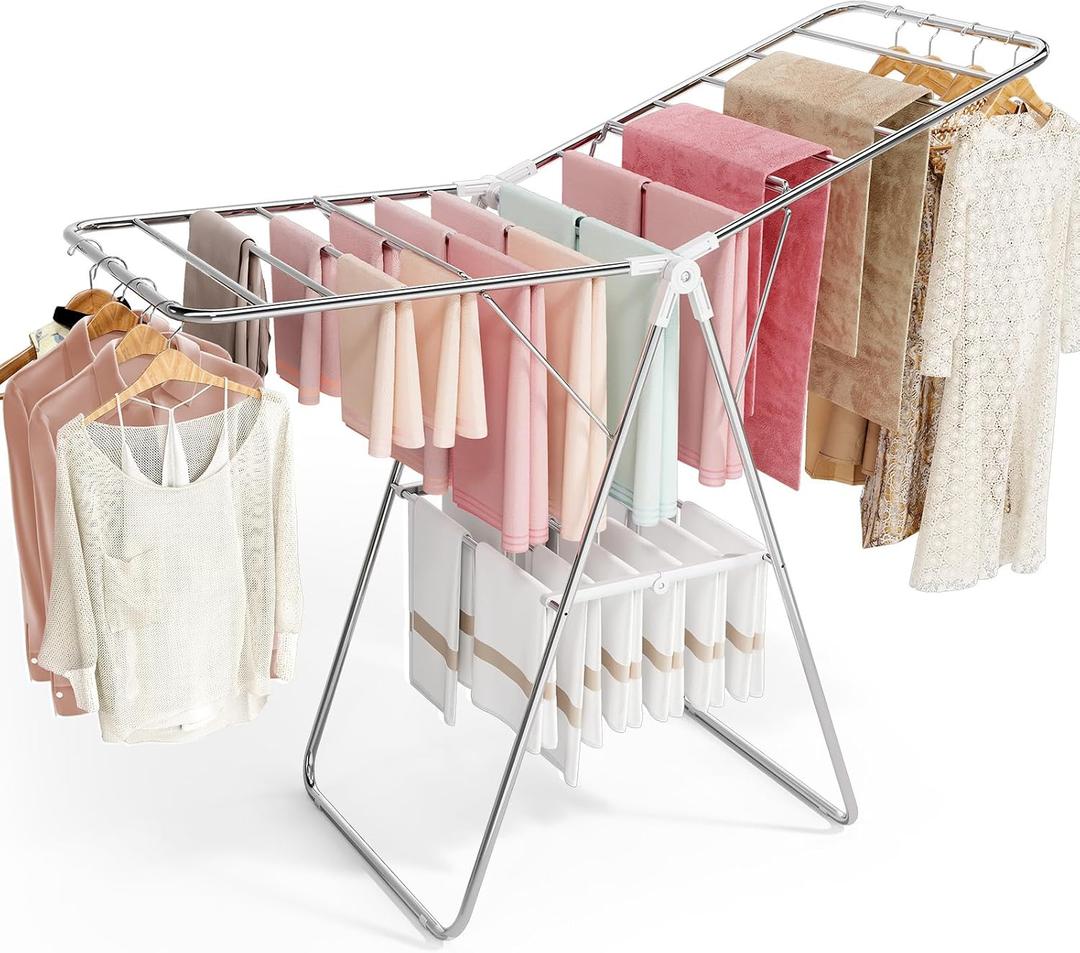 APEXCHASER Clothes Drying Rack, Stainless Steel Drying Rack Clothing with Height-Adjustable, Foldable Gullwings Laundry Drying Rack, Indoor Outdoor Use, No Assembly, White